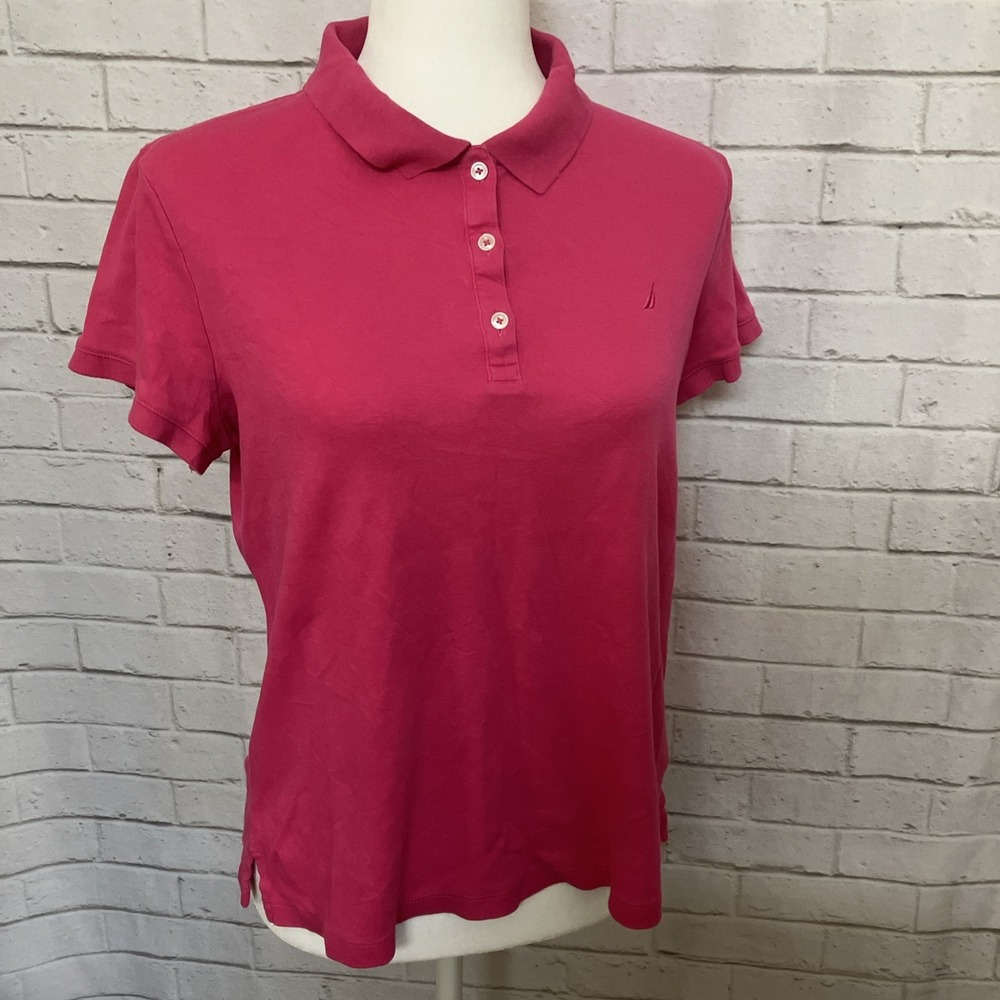 Women's Nautica Pink Polo Shirt Large Cotton Preppy Casual Golf